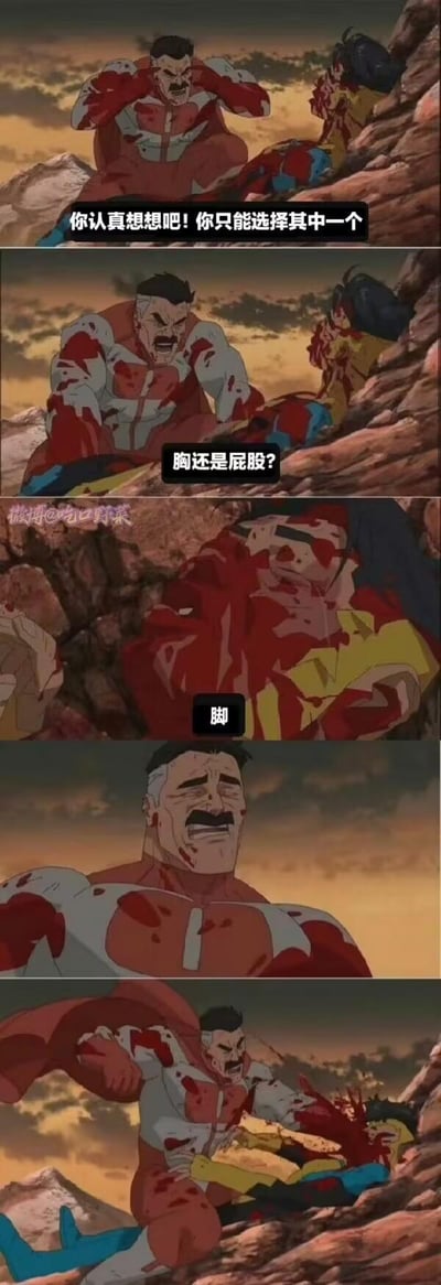 这是一组连环动画截图梗图，共包含四个分镜，背景设定在夕阳下的岩石山地。画面中两名角色浑身是血，表情痛苦狰狞。第一分镜中男性角色嘶吼：“你认真想想吧！你只能选择其中一个”；第二分镜他进一步逼问：“胸还是屁股？”；第三分镜为角色特写，最终第四分镜以“脚”字作为出乎意料的选择回应，形成幽默反差。整体场景紧张激烈，通过严肃的画面与荒诞的选择问题制造喜剧效果。