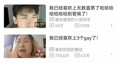 图片包含两张上下排列的视频截图。上图为男性用户面部特写，闭眼，配文“我已经喜欢上无数直男了哈哈哈 哈哈哈哈别管我了！”，UP主为“爱吃榴莲的小吴同学”，视频时长03:31，播放量43万，点赞5928。下图为女性用户面部特写，正在摸头发，配文“我已经喜欢上3个gay了！”，UP主为“喜欢叨叨的螺丝”，视频时长08:00，播放量733.6万，点赞4.5万。两张截图均为竖屏手机格式的个人分享类视频内容。