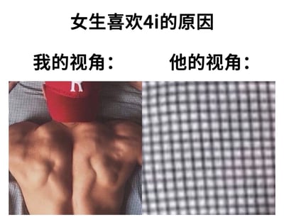 整张图为左右对比形式的趣味梗图，顶部标注标题“女生喜欢4i的原因”，下方划分为两个板块：左侧标注“我的视角：”，配图为一名戴着红色棒球帽、俯卧着的肌肉男性的背部，肌肉线条分明，对应4i（第四爱，女攻男受模式的恋爱关系）关系中女方的第一视角观感；右侧标注“他的视角：”，配图为高度模糊的网格状画面，对应4i关系中男方俯卧时只能看到床单的视角，用双方视角的反差玩梗，调侃4i关系里女方的视觉体验优势。
