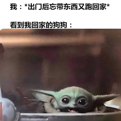 图片上方配有文字“我：*出门后忘带东西又跑回家*”和“看到我回家的狗狗：”，下方是《曼达洛人》中的Baby Yoda（格洛古）探出头、睁着大眼睛、张开嘴巴的画面，表情惊喜又兴奋，仿佛狗狗看到主人突然回家时的可爱反应。通过将Baby Yoda的表情与狗狗的反应联系起来，形成幽默搞笑的效果，展现了日常生活中健忘回家后宠物可能有的可爱表现。