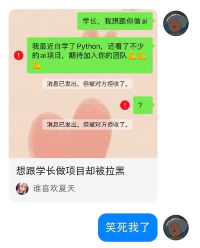 这张图片是一个聊天截图表情包，内容是学生向学长表达自己最近自学了Python，看了不少AI项目，希望能加入学长的团队，结果消息两次被拒收（通常表示被拉黑）。配文“想跟学长做项目却被拉黑”，另一人回复“笑死我了”，展现尴尬与社交翻车的现实。气氛幽默自嘲，画面点明了在专业话题社交尝试失败的尴尬场景。

未出现双关或谐音梗，但有明显的“自学AI碰壁”与社交冷漠自嘲暗示。