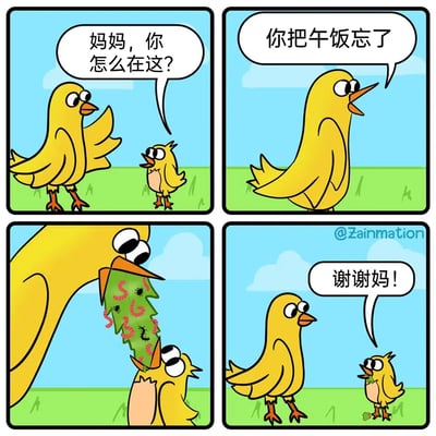 这是一幅四格连环卡通漫画，描绘了温馨又搞笑的鸟类亲子日常：第一格，小鸟在草地上偶遇鸟妈妈，疑惑地开口询问“妈妈，你怎么在这？”；第二格，鸟妈妈提醒小鸟“你把午饭忘了”；第三格，鸟妈妈从嘴里吐出一大片爬满各种虫子的树叶，喂向小鸟，画面夸张；第四格，小鸟只叼着一小片树叶，开心地向鸟妈妈道谢“谢谢妈！”，通过鸟妈妈超大分量的午饭和小鸟实际吃到的少量食物的反差，制造出搞笑的效果，同时展现了亲子间的温情。