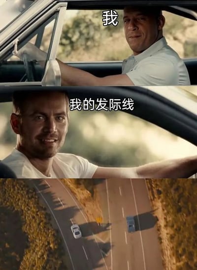 这是一张改编自经典影视片段的搞笑梗图，由三部分画面拼接而成：上方是标注为“我”的范·迪塞尔饰演的多米尼克，他坐在驾驶座上看向旁侧；中间是标注为“我的发际线”的保罗·沃克饰演的布莱恩，同样坐在另一辆车的驾驶座上；下方是两辆车在道路上分道而行的画面。该梗图借用《速度与激情》中主角分离的经典名场面，生动调侃了当代人普遍面临的发际线后退问题，用“分道扬镳”的场景形象化地表达了人们对发际线逐渐远离自己的无奈与焦虑情绪。