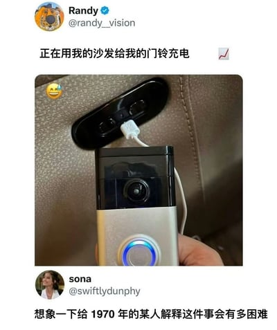 图片展示现代生活中一个颇具荒诞感的场景：用沙发上的USB接口给智能门铃充电。配图文案调侃这种事情在几十年前难以想象，引发观众对科技进步和生活方式变化的共鸣和幽默思考。没有双关、谐音或特别暗示，核心在于科技差异带来的文化冲击。