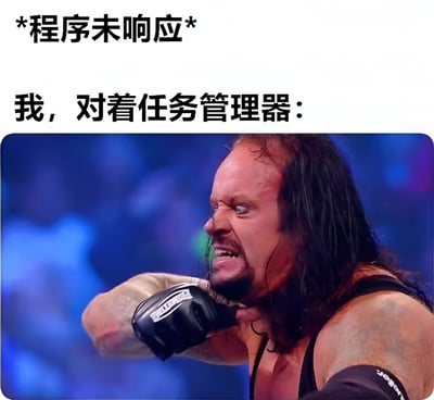 图片上方有两行文字：“*程序未响应*”和“我，对着任务管理器：”。下方是一张肌肉发达的长发男性照片，他戴着黑色手套，表情愤怒，眼神凶狠，摆出了准备攻击的姿势。这张梗图通过夸张的表情和动作，幽默地表现了当电脑程序未响应时，用户准备通过任务管理器强制结束程序的愤怒和决心。