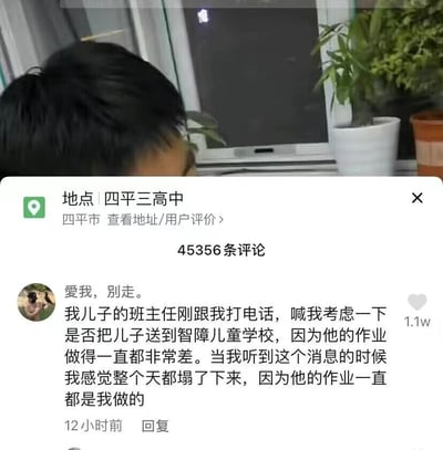 这是一张竖屏手机格式的社交媒体评论区截图，顶部显示关联地点为“四平三高中”，该内容下共有45356条评论。截图中最显眼的是一条获赞1.1w的热门评论，发布者网名为“爱我，别走。”，自称是一名学生家长，其内容为：孩子的班主任打电话建议考虑将孩子送到智障儿童学校，原因是孩子作业一直做得非常差，家长听到消息后感觉天都塌了，最后反转说明孩子的作业一直都是自己做的，这个反差感形成了强烈的搞笑效果。截图上方还露出了一部分人物的黑色头发和窗边的绿植盆栽，整体为图文混排的形式，属于网友分享的生活趣事类搞笑内容。