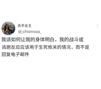 这是一张社交媒体截图，展示了用户“杀手女王”（@chismosa_）的一条动态。内容以幽默吐槽的方式表达了现代生活中的常见困扰：身体的“战斗或逃跑”应激反应本应在生死攸关时触发，却常常被回复电子邮件这类日常琐事激活，引发共鸣。