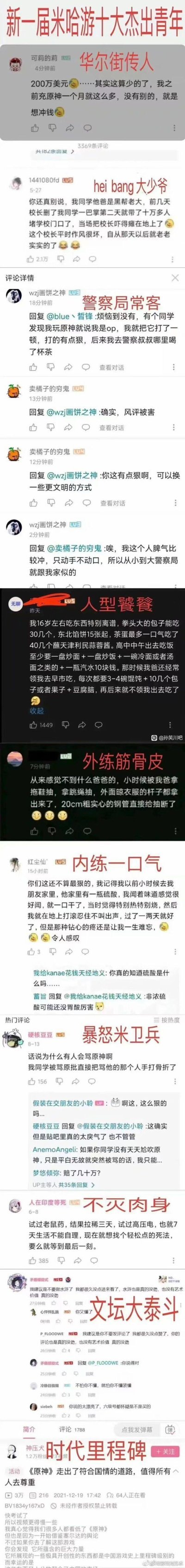 这是一张竖屏超长拼贴梗图，以“新一届米哈游十大杰出青年”为主题，收集了10条网友在B站、贴吧类社交平台的夸张整活发言，每条都配上了玩梗的红色标题：
1. **华尔街传人**：自称月充原神200万美元的离谱发言
2. **hei bang大少爷**：编出同学爸是黑帮老大，带十万人堵校门的段子
3. **警察局常客**：因被说“op”打人进警局，称警察局像自己家的离谱发言
4. **人型饕餮**：夸张描述自己能吃30多个包子、15张馅饼的超大食量
5. **外练筋骨皮**：被父亲用20cm粗实心钢管抽打，钢管被抽断的离谱经历
6. **内练一口气**：小时候喝硫酸后一两天就痊愈的荒诞段子
7. **暴怒米卫兵**：同学因被骂原神，将对方手打骨折的传言
8. **不灭肉身**：试老鼠药、高压电都无法成功的离谱“不死”经历
9. **文坛大泰斗**：一堆无意义的网友吵架评论
10. **时代里程碑**：一段关于原神的混乱长文
所有内容均为网友编造的离谱段子，充满夸张的网络整活风格，用来搞笑玩梗。