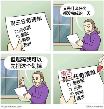 四格连环漫画，幽默展现拖延症日常：第一格特写“周三任务清单”，包含洗衣服、洗碗、购物、跑步四项未完成任务；第二格紫衣男子手持清单叹气“又是什么任务都没完成的一天”；第三格他拿起红笔微笑道“但起码我可以先把这个划掉”；第四格清单标题被改为“周四 周三任务清单”（“周三”二字被红色横线划掉），任务项不变。通过涂改日期逃避任务的行为引发共鸣，充满自嘲与搞笑气息。