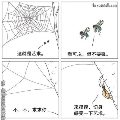 这是一组四格连环卡通漫画，采用动物拟人化的创作手法。第一格中，一只苍蝇看到蜘蛛织的蛛网，发出赞叹“这就是艺术。”，表现出对蛛网的欣赏；第二格中，另一只苍蝇连忙劝阻它，说道“看可以，但不要碰。”，试图阻止同伴靠近危险；第三格中，那只赞叹艺术的苍蝇已经被蛛网粘住，它惊恐地哀求“不，不，求求你...”，展现出陷入困境的绝望；第四格中，蜘蛛抓住被粘住的苍蝇，戏谑地说“来摸摸，切身感受一下艺术。”，将原本用于捕猎的蛛网以“艺术”为幌子，形成强烈的反差感，制造出黑色幽默的笑点，讽刺了因被表面事物迷惑而陷入陷阱的情况。