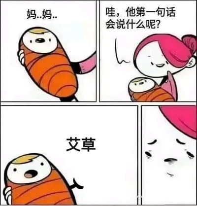 这是一幅四格卡通漫画，第一格中被橙色襁褓包裹的宝宝发出“妈..妈..”的声音，让抱着他的妈妈充满期待；第二格中妈妈一脸憧憬，心里暗自好奇“哇，他第一句话会说什么呢？”；第三格宝宝开口说出“艾草”，打破了妈妈的期待；第四格妈妈露出崩溃、无语的哭丧脸。漫画利用“艾草”谐音脏话的梗，制造出与温馨期待完全反差的搞笑效果，让盼着宝宝叫“妈妈”的妈妈瞬间破防，充满了荒诞的幽默感。