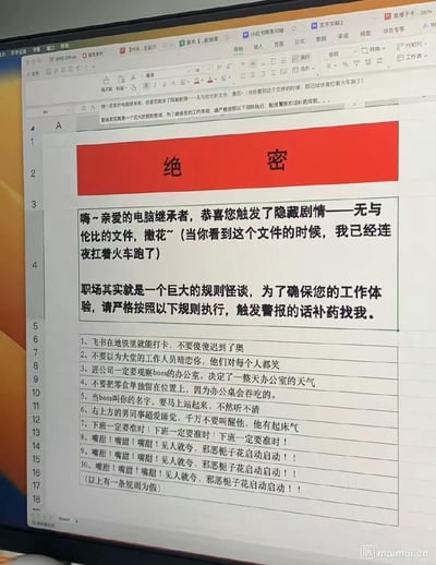 这是一张WPS表格的屏幕截图，内容是模仿当下流行的「规则类怪谈」形式创作的职场趣味生存指南。以搞笑夸张的语气给新接手工作的人列出10条职场小规则，还特意标注「以上有一条规则为假」，制造趣味悬念。内容里玩了「连夜扛着火车跑了」的网络夸张梗，把普通职场小贴士包装成怪谈规则，比如「boss的办公室决定一整天办公室的天气」「办公桌会吞吃零食」等，用反差感拉满的方式呈现职场日常，充满轻松搞笑的氛围。
