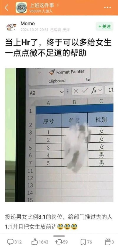 这是豆瓣小组「上班这件事」里的一条用户发帖，用户Momo表示自己成为HR后，在招聘中为女生提供暖心帮助：原本岗位的投递男女比例为8:1，她给部门推送的人选调整为1:1，还特意把女生放在前面。帖子里附上了Excel表格截图，表格中前3位人选为女生，后2位为男生，直观展示了她的操作。该内容戳中了职场性别平等的话题点，获得了大量网友的点赞和评论，传递出职场中互助的暖心氛围。