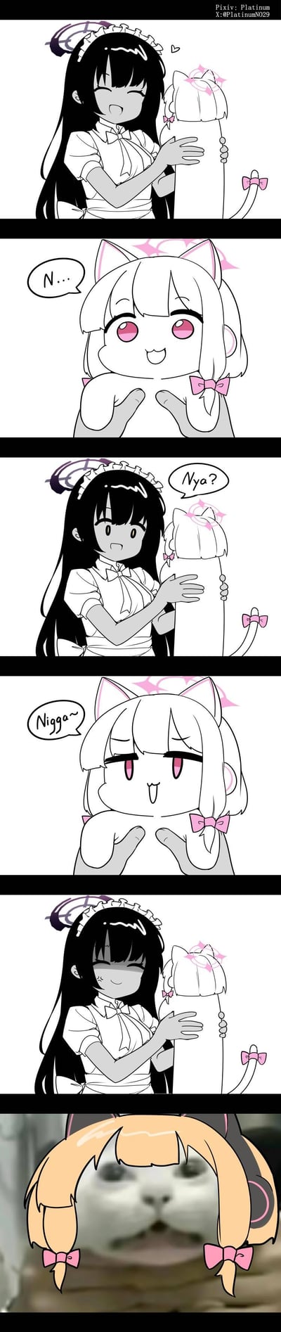 这是一则五格搞笑漫画，内容流程如下：
1. 身着女仆装的黑发少女开心地抱着猫耳白发少女；
2. 猫耳少女开口准备说话，只吐出了“N...”；
3. 黑发少女误以为她要学猫叫，疑惑地回应“Nya?”（喵的英文拟声词）；
4. 猫耳少女却调皮地说出了“Nigga~”（带有冒犯性的英文词汇）；
5. 最后一格拼贴了网络知名的悲伤猫表情包，用猫咪无语的表情烘托出当下尴尬到极点的氛围。

**谐音梗说明**：利用猫叫拟声词“Nya”与冒犯词“Nigga”开头的“N...”做谐音反差，制造出意料之外的荒诞搞笑效果。
