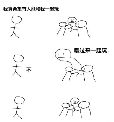 这是一幅由火柴人构成的简单漫画，共三行两列布局。顶部文字为“我真希望有人能和我一起玩”，表达了孤独的心情。第一行：左侧是一个单独站立的火柴人，右侧是三个聚在一起聊天的火柴人群体；第二行：左侧火柴人旁边出现“不”字，右侧群体中有一个火柴人探身出来说“喂过来一起玩”；第三行：左侧火柴人依旧独自站立，右侧群体保持原样。整幅图通过简单的构图和文字，展现了渴望社交却又拒绝邀请的矛盾心理。