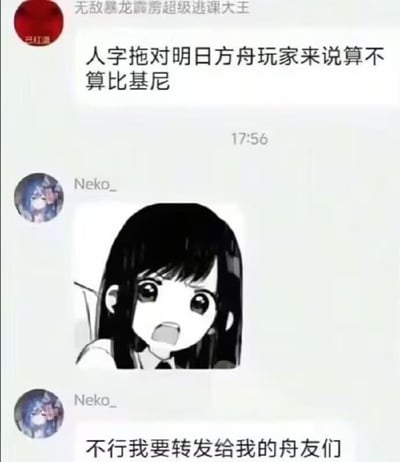 这是一张社交媒体聊天截图，展示了两位用户围绕游戏《明日方舟》的趣味互动。上方用户“无敌暴龙霹雳超级逃课大王”发出调侃：“人字拖对明日方舟玩家来说算不算比基尼”，下方用户“Neko_”以一张黑发动漫女孩惊讶表情图回应，并表示“不行我要转发给我的舟友们”。整体氛围轻松搞笑，体现了游戏玩家群体内部的幽默梗文化。