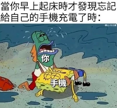 这是一张改编自动画《海绵宝宝》的搞笑梗图，顶部配有繁体中文文字：“當你早上起床時才發現忘記給自己的手機充電了時：”，图中将崩溃大哭的绿色路人鱼标注为“你”，把双眼紧闭、呈现出无生气状态的海绵宝宝标注为“手機”。通过路人鱼瘫坐在地、紧紧抱着“手机”痛哭流涕的夸张画面，生动且夸张地还原了现代人群体中，早上起床发现手机未充电时的焦虑与崩溃情绪，精准戳中了当代人高度依赖手机的日常痛点，引发共鸣。