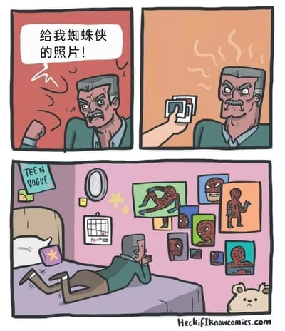 这是一幅恶搞漫威蜘蛛侠IP的三格连环漫画，第一格中，漫威经典角色、号角日报主编J·乔纳·詹姆森愤怒地握拳怒吼，向下属强硬要求“给我蜘蛛侠的照片！”，展现出他在工作中对蜘蛛侠照片的执着；第二格中，有人递给他一叠照片，詹姆森面露满意之色；第三格场景发生巨大反转，詹姆森身处充满少女风格的卧室，房间里有《Teen Vogue》海报、可爱的小熊玩偶，他趴在床上，一脸痴迷地看着墙上贴满的各种搞怪姿势的蜘蛛侠照片，强烈的反差感制造出荒诞搞笑的效果，讽刺了詹姆森表面上对蜘蛛侠不满，私下却对其有着异常的痴迷。