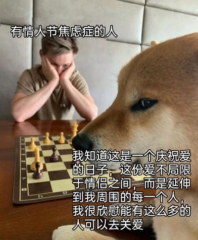 这是一张针对情人节焦虑人群创作的搞笑合成梗图。画面中，一名神情焦虑、双手托着脸颊的男生被标注为“有情人节焦虑症的人”，他坐在摆放着国际象棋的桌子前，对面是一只神态平静的柴犬。柴犬对应的文字是一段自我宽慰的话语，指出情人节的爱并不局限于情侣之间，还涵盖身边的所有人，以此来缓解情人节带来的焦虑情绪。图中通过拟人化的柴犬代表焦虑人群内心自我安慰的声音，用反差感的画面传递出治愈、消解焦虑的氛围，精准戳中单身或对情人节感到压力的人群的情绪。