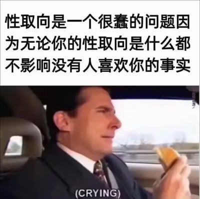 这是一张图文结合的自嘲梗图，上方以醒目的黑色字体呈现扎心文字：“性取向是一个很蠢的问题因为无论你的性取向是什么都不影响没有人喜欢你的事实”，用一种破罐破摔的自嘲口吻，调侃自己无论性取向如何都无人喜爱的处境；下方是截取自动画电影《蝙蝠侠：黑暗骑士》系列的影视片段，克里斯蒂安·贝尔饰演的布鲁斯·韦恩坐在车内，面露悲伤、近乎哭泣的神情，画面下方标注“(CRYING)”，用这个悲伤的画面来强化文字传递的难过又好笑的情绪，整体风格幽默又扎心，很适合用来表达自己的失意与自嘲。