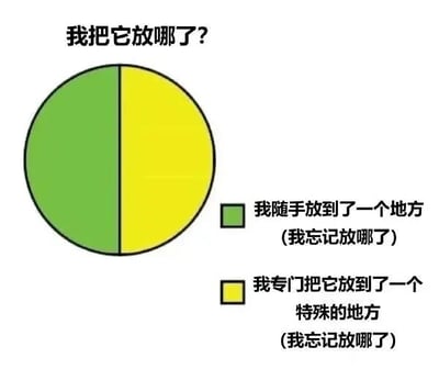 图片上方配有文字“我把它放哪了？”，下方是一个被等分为绿色和黄色两部分的圆形饼图。绿色区域对应文字“我随手放到了一个地方（我忘记放哪了）”，黄色区域对应文字“我专门把它放到了一个特殊的地方（我忘记放哪了）”。通过幽默的方式展现了人们日常生活中无论随意放置还是特意收纳物品后，最终都会忘记位置的健忘现象，引发共鸣。
