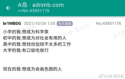 这是一则来自A岛匿名版的搞笑吐槽帖，通过罗列从小学到当前不同人生阶段的理想，以递进式的反差感展现了理想的巨大转变：小学时期怀揣成为科学家的远大志向，初中时立志做对社会有用的人，高中时期望找到加班少的工作，大学时仅满足于有口饭吃，最后到现在的理想变成想成为会画色图的人。内容以自嘲的方式，夸张地体现了当代年轻人在成长过程中，受现实环境影响，理想从宏大高远逐渐变得务实甚至离谱的心态变化，充满了幽默和对现实的调侃，容易引发年轻人的共鸣。