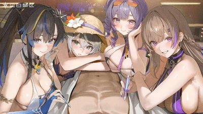 这是二次元射击游戏《尘白禁区》的夏日主题福利插画，画面中四位身着泳装的女角色（肴、芬妮、芙提雅、凯茜娅）围在一块腹肌线条分明的躯体旁，各自手持笔，仿佛要在躯体上涂鸦创作。角色们的表情或调皮带笑、或温柔含羞，整体氛围轻松暧昧，充满夏日度假的慵懒与趣味，画风是精致的二次元写实渲染风格。