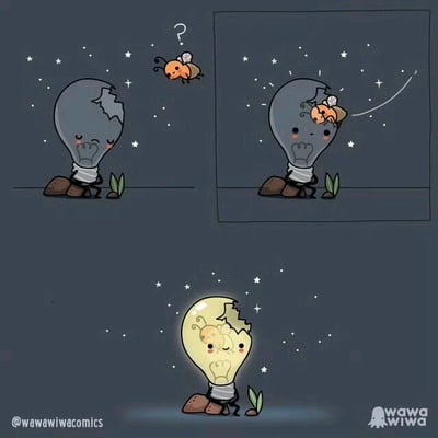这是一幅三格连环卡通漫画，主角为一个顶部破裂的拟人化灯泡和一只小蜜蜂。第一格中，深色背景布满星星，灯泡带着微笑和红晕，疑惑地望向飞来的小蜜蜂（蜜蜂旁有问号）；第二格展示蜜蜂从灯泡顶部裂缝进入其内部；第三格中，原本黯淡的灯泡变得通体明亮，内部可见小蜜蜂，两者均露出开心表情，背景星星仿佛因灯泡发光而更加闪耀。画面通过灯泡从破损到重获光明的过程，传递出微小帮助带来积极改变的治愈主题。