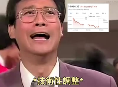 图片左侧是郑少秋饰演的丁蟹表情夸张地仰头大喊的特写,他戴着金丝眼镜,穿着紫色西装,面露震惊。右侧叠加了一张股票走势图,显示指数从15,400点左右下跌至14,914.36点,跌幅达2.58%。图片底部有黄色文字"*技術性調整*",形成强烈的讽刺效果。这个表情包用丁蟹的夸张表情配合股市下跌图表,完美诠释了股民面对股市暴跌时的无奈与自我安慰心态。