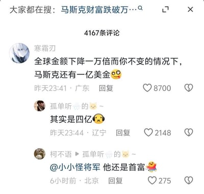 这是一张国内社交平台的评论区截图，顶部搜索栏显示当前大家都在搜索的热点为“马斯克财富跌破万…”，该相关内容下共有4167条评论，截图展示了三条高赞评论：用户“寒霜刃”调侃称如果全球金额下降一万倍而个人财富不变的前提下，马斯克仍有一亿美金，该评论获得8700点赞；用户“孤单听的~”回复纠正称实际数值是四亿，获赞2148；用户“柯不语”艾特其他用户调侃称即便缩水这么多马斯克还是首富，获赞275，三条评论都搭配了对应的小黄脸表情，整体是网友针对马斯克财富下跌热点的玩梗讨论。