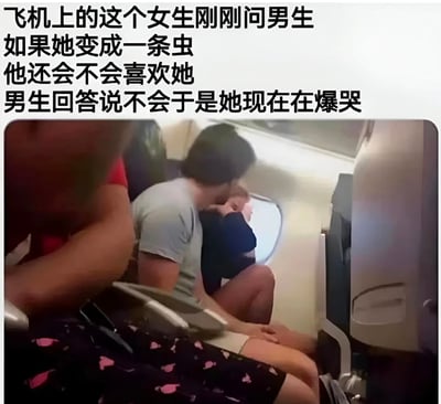 图片展示了飞机客舱内的一个场景，一名女生正靠在旁边男生的肩膀上哭泣。图片上方配有文字说明：'飞机上的这个女生刚刚问男生如果她变成一条虫他还会不会喜欢她 男生回答说不会于是她现在在爆哭'。这是一个因情侣间的趣味问答引发的搞笑场景，展现了女生因男生'诚实'回答而夸张反应的幽默画面。