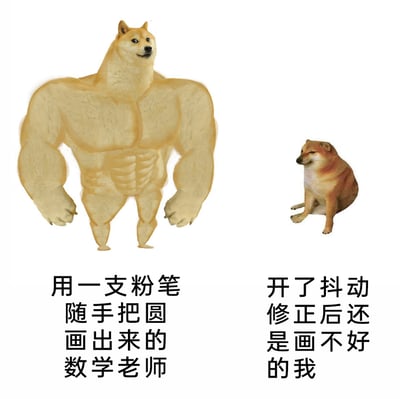 这是一张左右对比的网络梗图，左侧是被修改为拥有强壮肌肉身材的Doge柴犬，搭配配文“用一支粉笔随手把圆画出来的数学老师”，柴犬表情自信从容，展现出数学老师轻松画好圆的强大能力；右侧是原版萎靡瘫坐的Doge柴犬，配文为“开了抖动修正后还是画不好的我”，柴犬神态无奈，表现出自己即使借助电子设备的辅助功能，依旧画不好圆的窘迫。图中通过两种反差强烈的形象，生动调侃了普通人和数学老师在画圆这件事上的能力差距，充满自嘲意味，精准戳中很多人在画图时的痛点，容易引发共鸣。