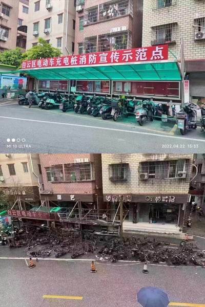 上下对比图展示了白云区电动车充电桩消防宣传示范点火灾前后的巨大差异。上图显示2022年4月22日15:33时，示范点设施完好，多辆电动车整齐排列充电；下图显示同一地点在火灾后的惨状，充电桩设施烧毁，大量电动车被烧成残骸。