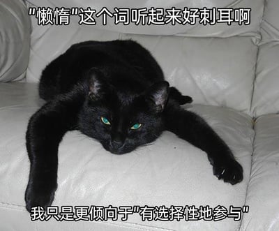 这是一张静态幽默梗图，主体是一只黑色猫咪，它放松地瘫在白色皮沙发上，前爪向前伸展，眼神慵懒无神，神态看起来毫无干劲。图片上方配有文字“"懒惰"这个词听起来好刺耳啊”，下方配有文字“我只是更倾向于"有选择性地参与"”，以诙谐的方式将“懒惰”重新包装成更体面的说法，精准契合当代人尤其是职场人群抗拒被贴上“懒惰”标签，用委婉表述调侃自己“摸鱼”、不愿参与无意义事务的心态，内容接地气，容易引发受众的情感共鸣。