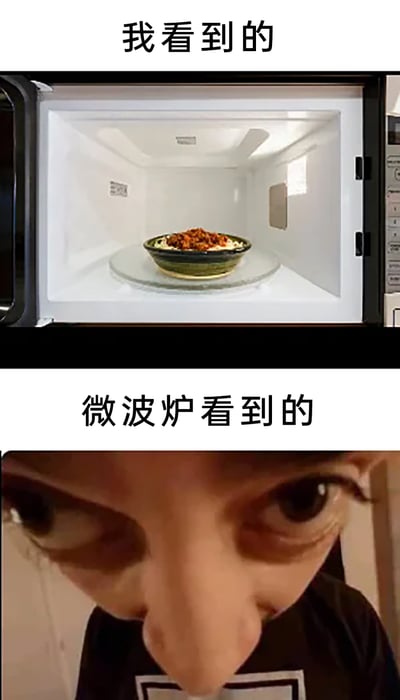 这是一张采用上下对比形式的趣味静态图片，上方区域标注“我看到的”，呈现了打开的微波炉内部场景：干净的白色炉腔内，玻璃转盘上放置着一碗铺有肉酱的盖浇饭，是人类观察微波炉加热食物的常规视角；下方区域标注“微波炉看到的”，切换为微波炉的第一视角，展示了一个人类把脸凑近微波炉，眼睛瞪大、鼻子突出的近距离画面，通过视角互换的创意，模拟出微波炉“看到”人类观察自己的场景，制造出荒诞搞笑的反差效果，还原了人们加热食物时会凑近观察的日常小场景。