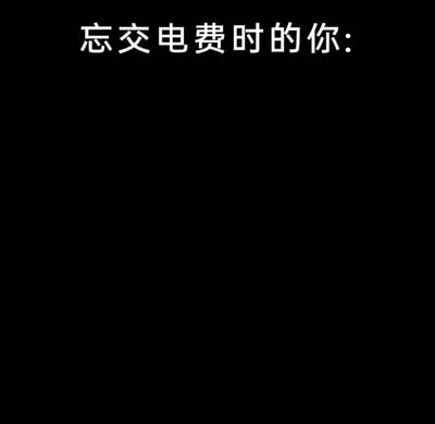这是一张生活类搞笑梗图，画面顶部用醒目的白色文字标注“忘交电费时的你:”，下方是完全纯黑的区域。通过这种直观的视觉呈现，幽默地还原了忘交电费后家中停电、一片漆黑的场景，精准戳中人们生活中忘交电费的尴尬经历，容易引发共鸣。