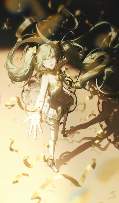 这幅AI生成的插画中，虚拟歌手初音未来以浅金色双马尾造型登场，身着点缀精致金色花纹的白色短款礼服，眼中含泪却带着明亮的笑容，向前伸出手，周围的金色丝带与她的双马尾一同飞舞，暖黄的光影笼罩画面，营造出温暖又带着一丝不舍的动人氛围，仿佛在传递着告别或重逢的情绪。
