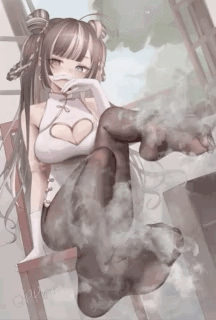 这是一张动态GIF图，画面呈现一位扎着双马尾的二次元少女，她身着带有心形镂空设计的白色旗袍上衣，搭配深色裤装，单手轻抵唇边，以慵懒的姿态坐着，腿部周围缭绕着动态的烟雾效果，整体画风融合了软萌与性感的二次元特质，视觉效果柔和且富有氛围感。