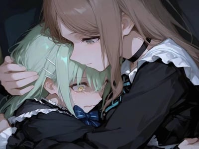 图中呈现的是手游《少女前线》的同人插画，棕发的HK416带着温柔担忧的神情，将绿发的AN94紧紧拥入怀中，手轻放在对方的头上进行安抚；AN94眼中噙着泪水，泪水滑落脸颊，神情满是悲伤与脆弱，整个画面传递出浓厚的角色羁绊感，氛围带着心疼与慰藉。