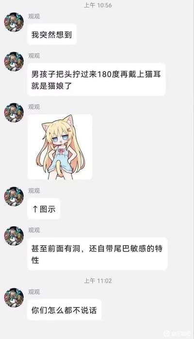 这是一段竖屏的社交软件聊天记录截图，用户「观观」在群聊中分享了一个离谱的ACG脑洞：提出男孩子把头拧180度再戴上猫耳就可以变成猫娘，还配上了一张卡通图示——图中的金发猫娘角色头部和身体反向，尾巴朝向身前。随后观观还调侃这个设定「甚至前面有洞，还自带尾巴敏感的特性」，最后见群内无人回复，发出「你们怎么都不说话」的疑问。
这个梗玩了视觉错位的恶趣味，将身体部位反向对应，制造出荒诞搞笑的猫娘设定。
