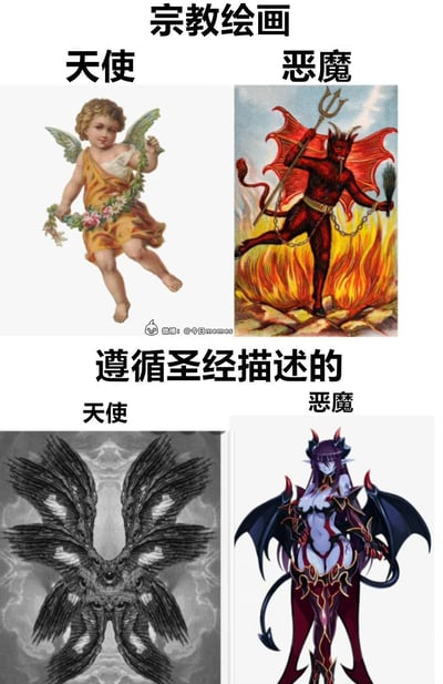 这张图通过上下对比的形式，展现了大众认知里的宗教绘画形象和遵循圣经描述的形象的巨大反差：上半部分是大众熟悉的、手持花环的可爱小天使，以及红色皮肤、持三叉戟站在火焰中的凶狠恶魔；下半部分是圣经描述里多眼多翼的怪异天使，以及二次元魅魔风格的冷艳恶魔，强烈的形象反差制造出搞笑的效果，调侃了流行文化对宗教形象的美化和改编。