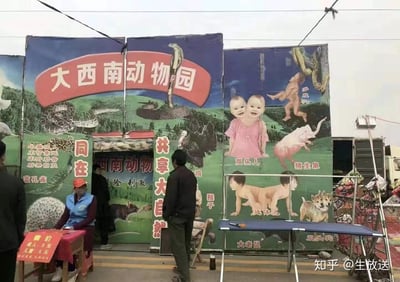 图片展示了一个名为"大西南动物园"的临时展览现场。画面中央是一个大型彩色横幅，上面绘制了各种动物和奇特生物，包括蛇、鸟类、双头人、猪生象等。横幅下方有一个简易入口，旁边摆放着一张桌子，上面有红色的价格牌，显示成人和儿童票价均为5元。有几个人站在入口附近，似乎是工作人员或参观者。整个场景看起来像是在一个临时集市或乡村活动中搭建的简易展览。

图片存在明显的误导性视觉元素，宣传内容包含现实中不存在的生物，如双头人和猪生象，可能是为了吸引观众而设计的夸张宣传。