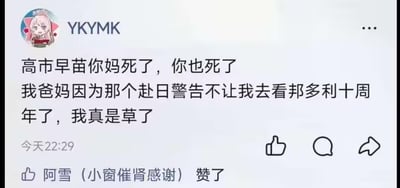 这是一张社交媒体动态截图，用户“YKymk”因父母受赴日警告影响，被禁止前往日本参加《BanG Dream!》（俗称邦多利）的十周年相关活动，因此在动态里用粗俗语言发泄不满，还牵连了无关人士。动态发布时间为当天22:29，另有用户“阿雪（小窗催肾感谢）”对该动态进行了点赞。