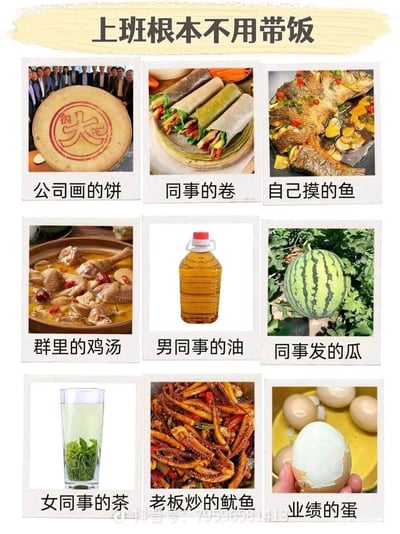 这是一张以职场为主题的九宫格静态趣味图，标题为“上班根本不用带饭”，通过食物与职场现象的谐音对应，幽默吐槽职场日常：第一行中，“公司画的饼”对应公司给出的空头承诺，“同事的卷”对应职场中同事间的内卷行为，“自己摸的鱼”对应上班期间摸鱼偷懒；第二行里，“群里的鸡汤”对应工作群中常见的励志鸡汤文案，“男同事的油”对应部分男同事的油腻言行，“同事发的瓜”对应同事间传播的八卦消息；第三行中，“女同事的茶”对应部分女同事的茶言茶语，“老板炒的鱿鱼”对应被公司辞退的职场情况，“业绩的蛋”谐音“业绩完蛋”，调侃业绩不佳的状况，整体用接地气的食物意象引发职场群体的共鸣。