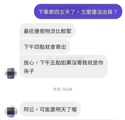 这是一张聊天记录截图，展示了买家与卖家关于订单发货的幽默对话。买家询问下单四五天未发货的原因，卖家解释连假物流紧张，承诺下午四点寄出，并立下“下午五点没寄我就是你孙子”的誓言。随后在当天16:04，买家以“阿公，可能要明天了喔”的调侃回复，形成搞笑反转，凸显了卖家未能兑现承诺的尴尬又诙谐的场景。