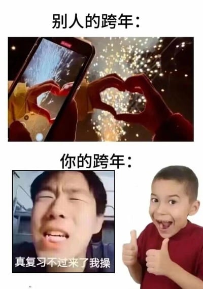 这是一张上下对比式的梗图，用来调侃期末跨年还要复习的学生党：
- 上半部分是「别人的跨年」：在浪漫的烟花背景下，两只手对着手机比出爱心，记录温馨美好的跨年时刻；
- 下半部分是「你的跨年」：左侧是一名男生闭眼皱眉、崩溃大喊的画面，配文「真复习不过来了我操」，右侧是假笑男孩Gavin Thomas双手竖大拇指的夸张点赞画面，形成一种崩溃又强行自我鼓励的反差感，生动展现了学生党跨年期间被复习支配的无奈与自嘲。
图中没有双关、谐音梗或暗示内容。