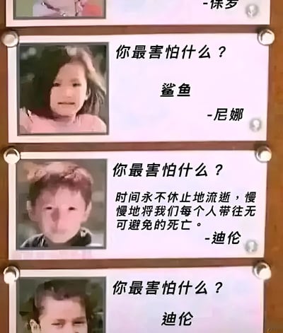 图片由三张小图纵向拼接而成，每张小图左侧为儿童照片，右侧为问答文字。第一张图中，名为尼娜的小女孩回答最害怕的是鲨鱼；第二张图中，名为迪伦的小男孩则给出极具哲学性的答案，称害怕时间流逝带来的必然死亡；第三张图中，另一个小孩直接回答最害怕的是“迪伦”。通过儿童间天真回答与深沉思考的强烈反差，以及最后对“迪伦”的调侃，制造出幽默效果。