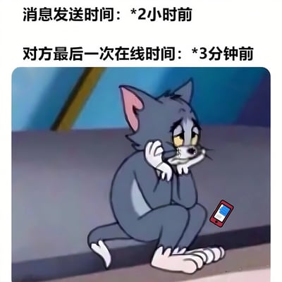 上方文字显示“消息发送时间：*2小时前”与“对方最后一次在线时间：*3分钟前”，揭示了消息已发送两小时且对方3分钟前刚在线却未回复的尴尬场景。下方是《猫和老鼠》中的汤姆猫，它蹲坐在地上，双手捂脸，眼角含泪，表情委屈又崩溃，身旁掉落着一部红色手机，完美诠释了等待回复时的焦虑与心碎。