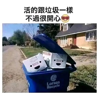 这是一张充满自嘲幽默感的静态梗图，画面主体是路边的蓝色Loraas回收垃圾桶，桶内的两个纸箱被画上了拟人化的开心笑脸，仿佛正惬意地待在垃圾桶中。图的上方配有文字“活的跟垃圾一样 不过很开心😎”，用戏谑的方式表达一种躺平、随遇而安的生活态度，将物品拟人化的处理让原本普通的场景变得荒诞又治愈，精准戳中当代人偶尔想摆烂、享受低欲望快乐的情绪。