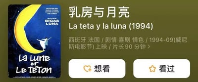图片左侧为电影《乳房与月亮》(La teta y la luna)的海报，海报主体是深蓝色星空背景下的巨大黄色新月，一位身着白色衣裙的舞者在月牙上翩翩起舞，海报底部有法文标题“LA LUNE ET LE TETON”。右侧为中文电影信息，包括中文标题“乳房与月亮”、原始片名“La teta y la luna (1994)”、制片国家（西班牙 法国）、类型（剧情 喜剧 情色）、上映信息（1994-09威尼斯电影节）及片长（90分钟）。图片底部有两个交互按钮，分别为橙色心形图标的“想看”和黄色星形图标的“看过”。